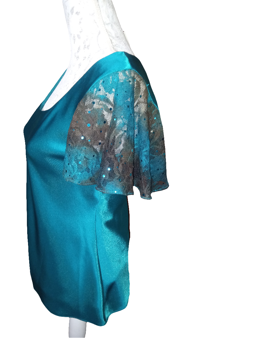 Shiny Turquoise Short Sleeve Blouse Size 6