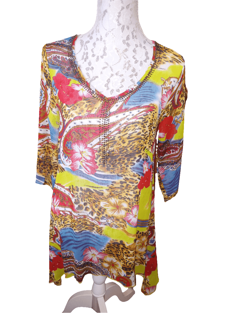 Small Multi Colored Floral Cheetah Sequin Silk Blouse Inspired By You