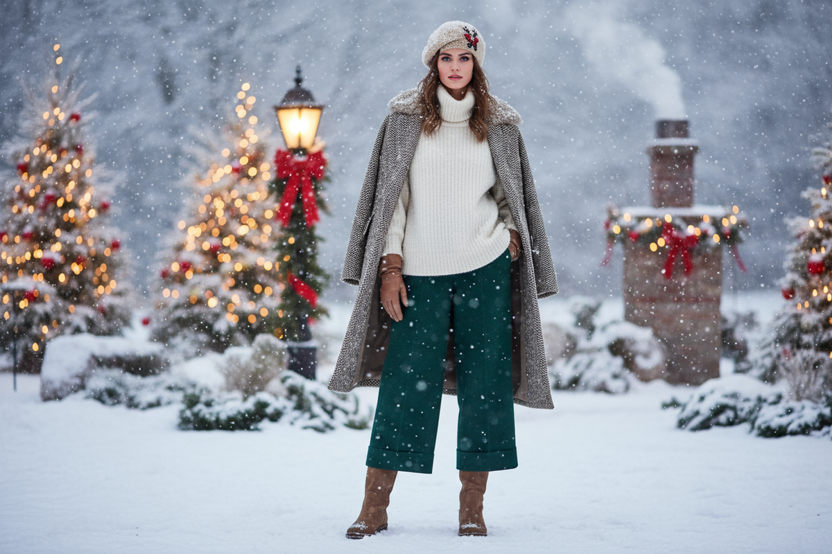 model in cloth with sligh christmas celebration and winter snow